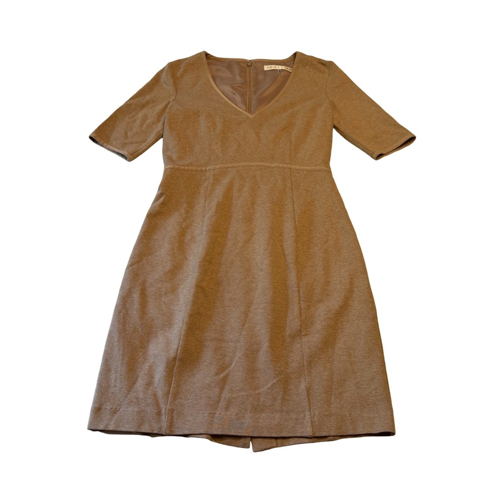 Trina Turk Size 4 Camel Tan V-Neck Half Sleeve Sheath Dress Silk Business